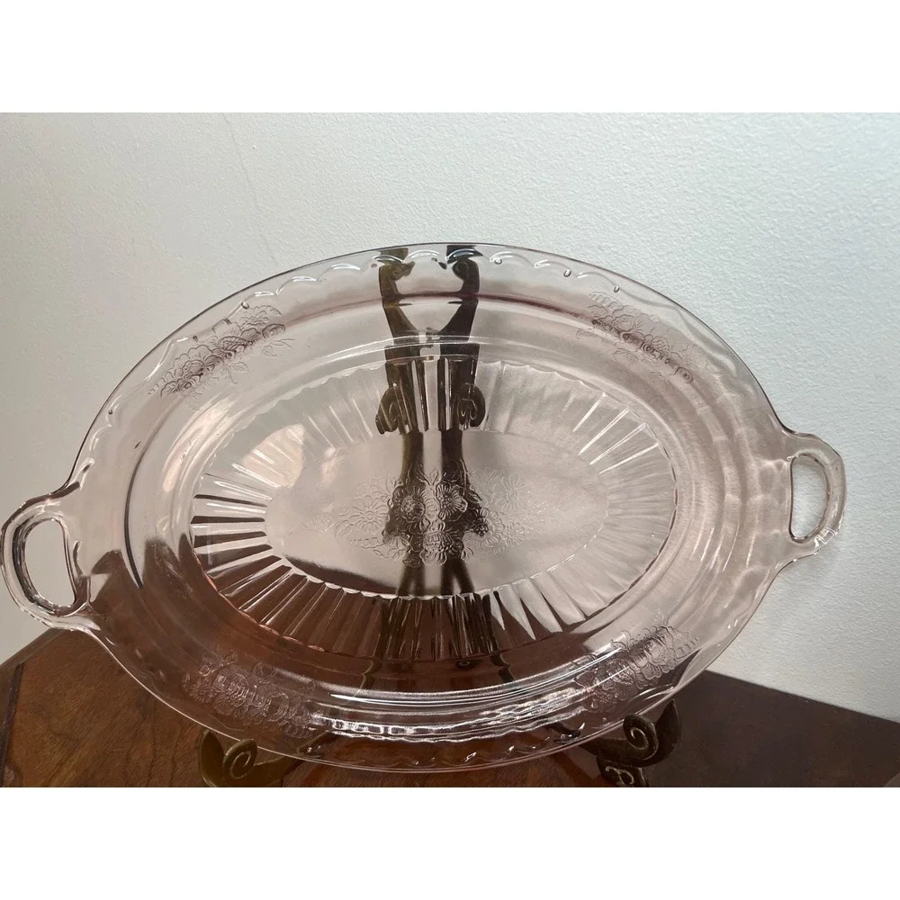 Pink Depression Glass Floral Etching Tray and Platter Set Vintage Serving Plates
